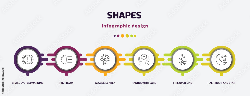 Poster shapes infographic template with icons and 6 step or option. shapes icons such as brake system warni