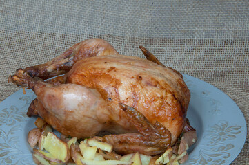 Whole roast chicken and appetizing inside a dish with rustic potatoes