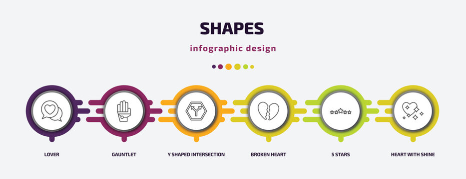shapes infographic template with icons and 6 step or option. shapes icons such as lover, gauntlet, y shaped intersection, broken heart, 5 stars, heart with shine vector. can be used for banner, info
