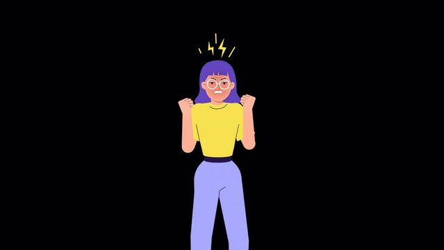 Angry female character, animation with ALPHA channel. Furious, Enraged woman grinning, shaking fists. anger emotion, facial expression and body language. Stock cartoon footage, transparent background