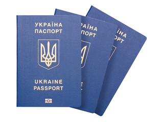 Blue international passport on white background with clipping path. Ukrainian biometric passport. Ukrainian international passport. Document for traveling abroad. 
