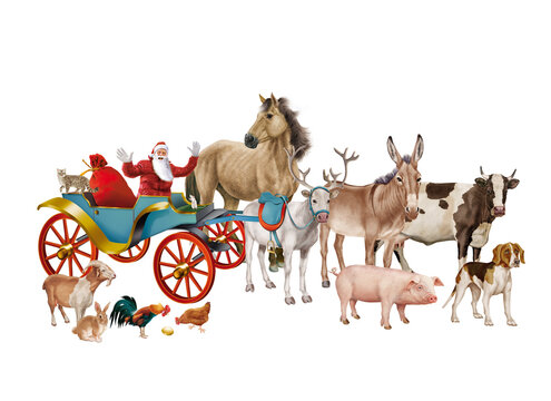 chariot, animaux, coloré, pour enfant, joyeux, père noël en, jouet, illustration, drôle, fête, pâques, poule, lapin, cheval , chèvre, vache, coq, chat, cochon, âne, ours, blanc, cirque, 