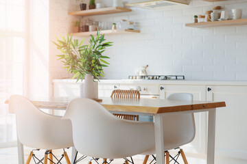 White room organization kItchen scandinavian interior design. Open shelves for storage, ceramic hog tiles