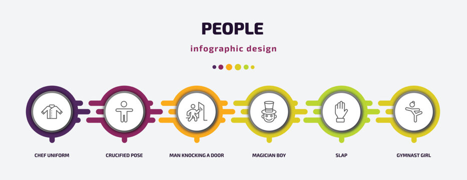 people infographic template with icons and 6 step or option. people icons such as chef uniform, crucified pose, man knocking a door, magician boy, slap, gymnast girl vector. can be used for banner,