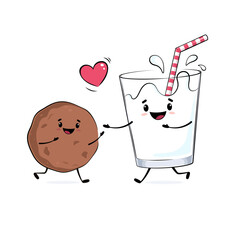 Happy cartoon cookie and a glass of milk running to hug each other, cute character drawing, love illustration
