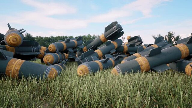 A close-up view of an abandoned cache of unexploded bombs, discarded on the battlefield in the aftermath of war.