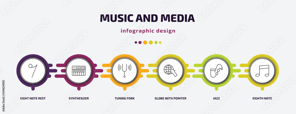 Poster music and media infographic template with icons and 6 step or option. music and media icons such as 