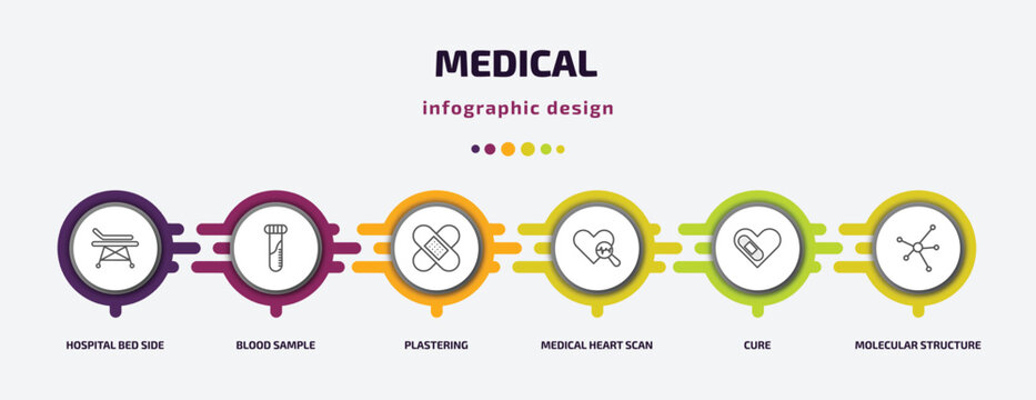 medical infographic template with icons and 6 step or option. medical icons such as hospital bed side view, blood sample, plastering, medical heart scan, cure, molecular structure vector. can be