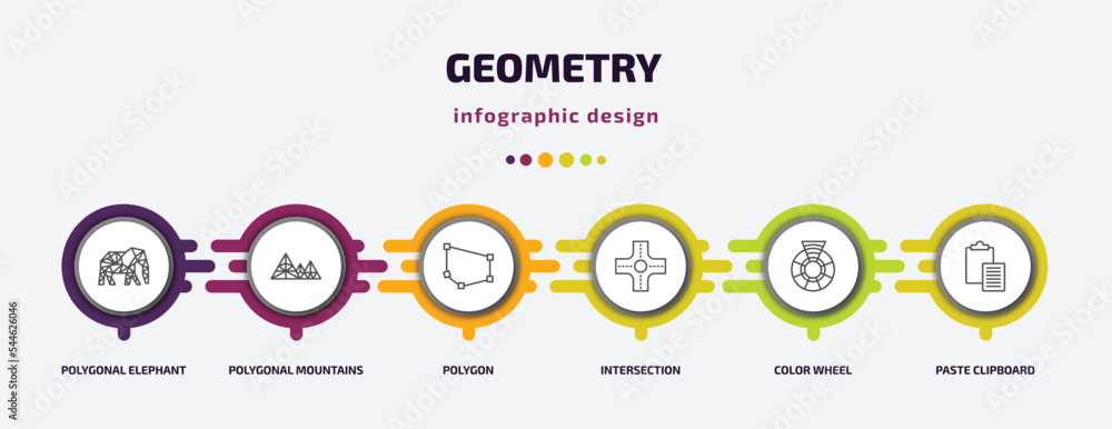 Poster geometry infographic template with icons and 6 step or option. geometry icons such as polygonal elep