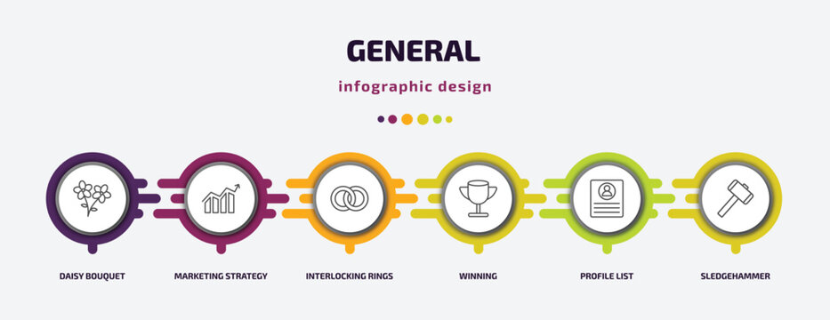 General Infographic Template With Icons And 6 Step Or Option. General Icons Such As Daisy Bouquet, Marketing Strategy, Interlocking Rings, Winning, Profile List, Sledgehammer Vector. Can Be Used For