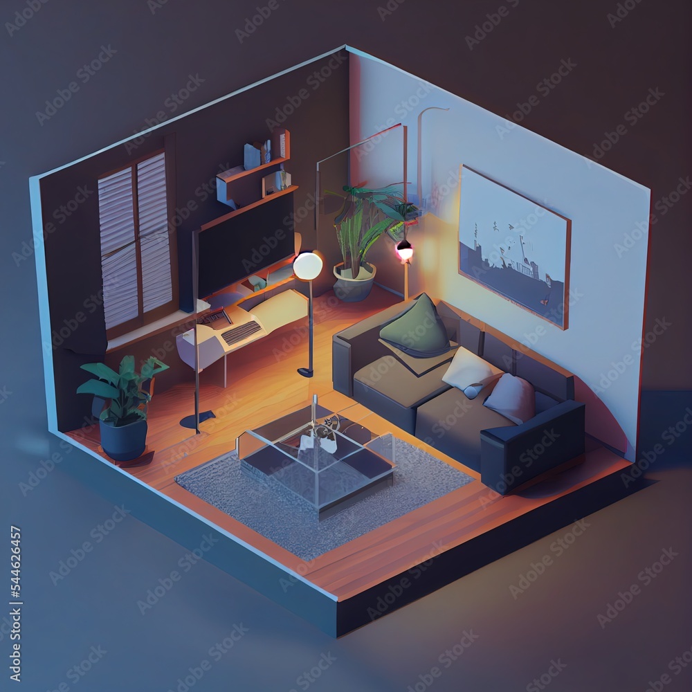 Wall mural isometric diorama of a house interior