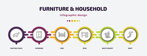furniture & household infographic template with icons and 6 step or option. furniture & household icons such as fainting couch, cupboard, crib, desk, waste basket, bidet vector. can be used for - obrazy, fototapety, plakaty