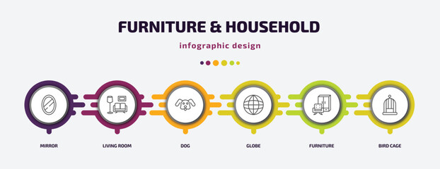 furniture & household infographic template with icons and 6 step or option. furniture & household icons such as mirror, living room, dog, globe, furniture, bird cage vector. can be used for banner,