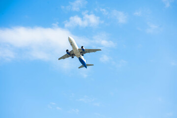 Fototapeta na wymiar Travel by air transport. Airplane taking off. Airplane in the blue sky.