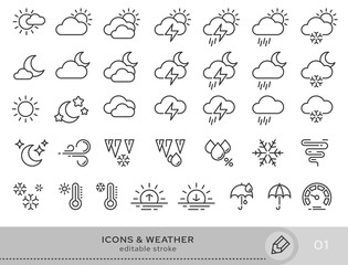 Set of conceptual icons. Vector icons in flat linear style for websites, applications and other graphic resources. A set from the series - Weather forecast. Editable stroke icon. - obrazy, fototapety, plakaty