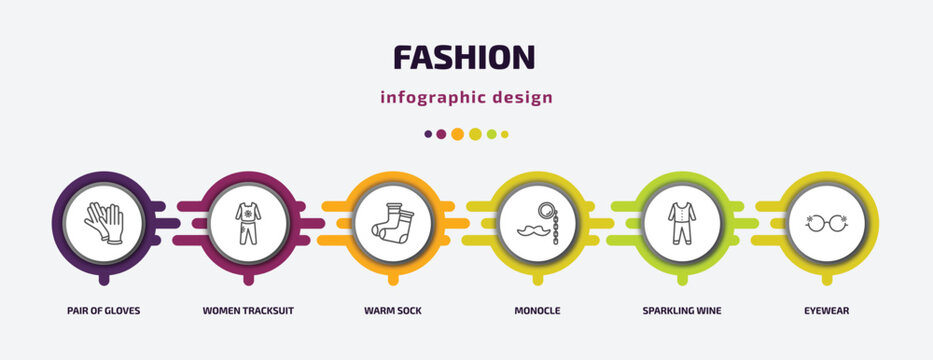 fashion infographic template with icons and 6 step or option. fashion icons such as pair of gloves, women tracksuit, warm sock, monocle, sparkling wine, eyewear vector. can be used for banner, info