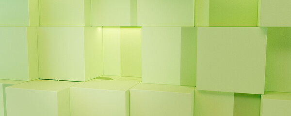 Green colored, organic looking boxes. Stacked at various positions. Randomly lit. Product advertisement template for health or beauty product.