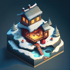 isometric diorama of a surreal Chinese ancient traditional house