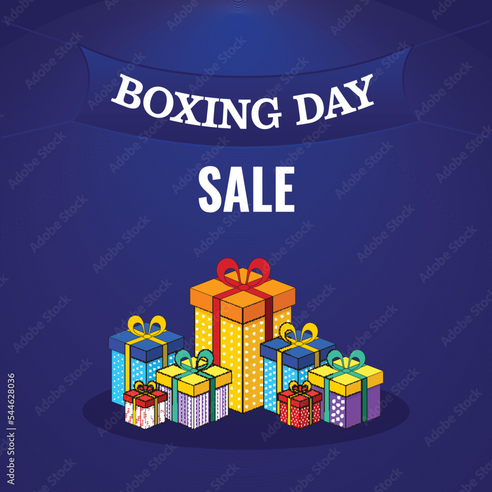 Wall mural Boxing Day Sale Poster Design With Colorful Realistic Gift Boxes On Blue Background.