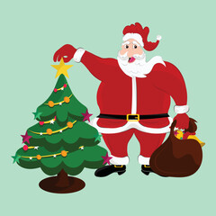 Happy Santa Claus Holding Christmas Tree With Gift Bag Over Pastel Green Background.