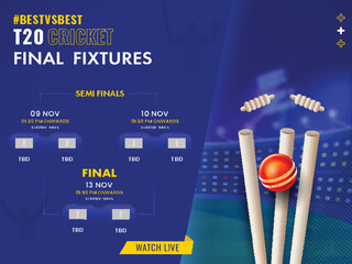 T20 Cricket Final Fixtures Schedule With Realistic Red Ball Hitting Wicket Stump On Blue Stadium Background.