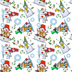 Pattern con pupazzi di neve, ghirlande e agrifoglio, illustrazione isolata su sfondo trasparente
