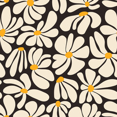 Retro groovy flower power background. Vintage 1970s floral seamless pattern. Hippie fun wallpaper. 1960s vector print for fabric, wrapping paper, stationery