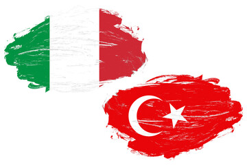 Italy and turkey flag together on a white stroke brush background