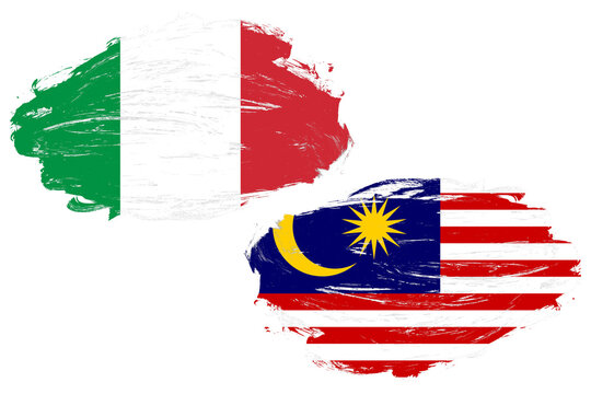 Italy and malaysia flag together on a white stroke brush background