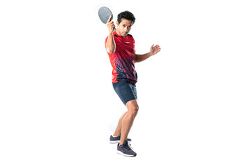 Portrait of sports man male athlete playing table tennis isolated.