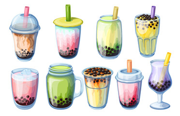 Bubble tea set set vector illustration. Cartoon isolated boba tea or coffee with milk and pearls in plastic cup or jar with straw, sweet fruit juice smoothie in glass beaker for summer beverage menu