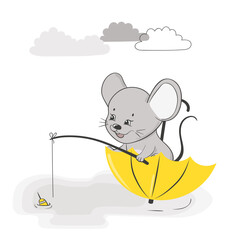 Cute little mouse in umbrella. Vector childish illustration.