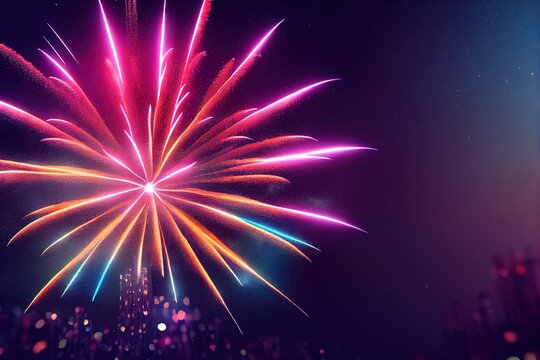 Exploding festival firework. Festive show in night sky. Flashes of celebratory salutes. Holiday celebration scene. Colorful flat vector cartoon illustration..