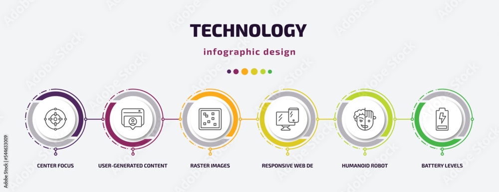 Poster technology infographic template with icons and 6 step or option. technology icons such as center foc
