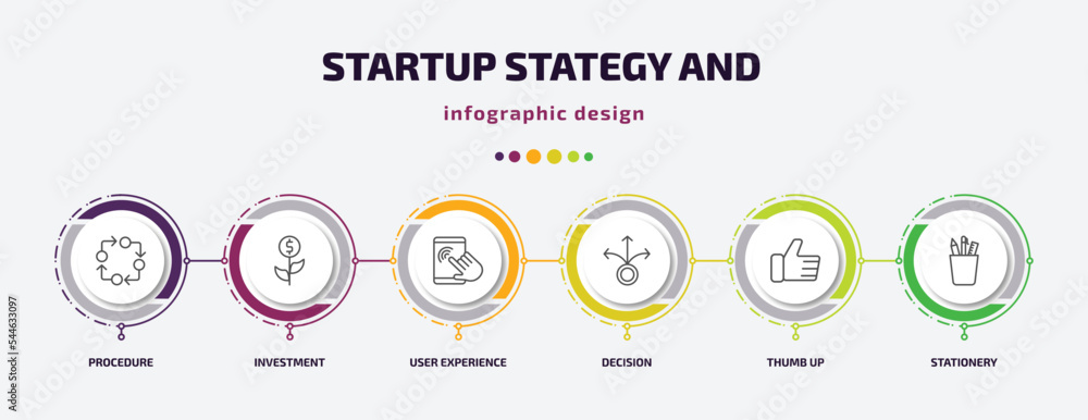 Poster startup stategy and infographic template with icons and 6 step or option. startup stategy and icons 