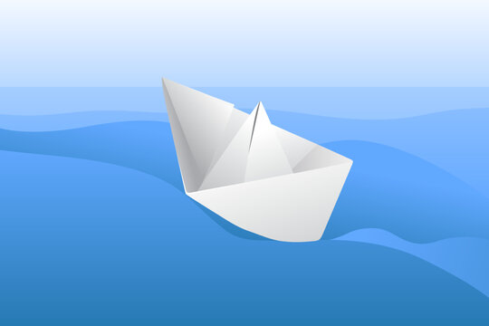 A white paper boat floats on the waves of the blue sea. Background, vector illustration