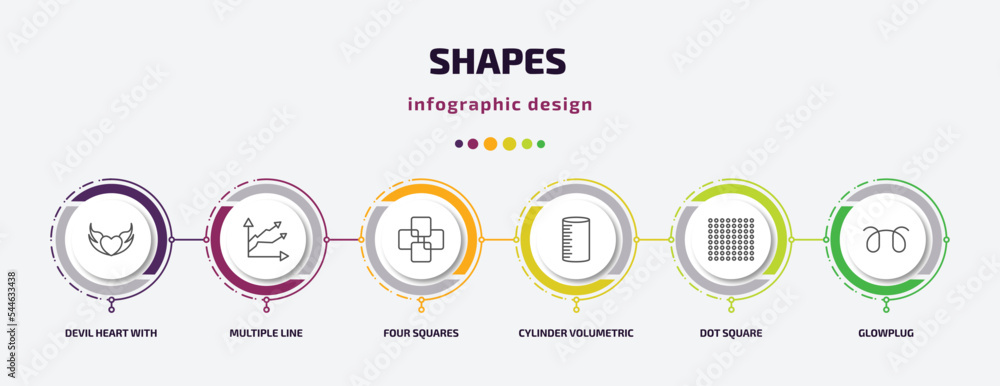 Poster shapes infographic template with icons and 6 step or option. shapes icons such as devil heart with w