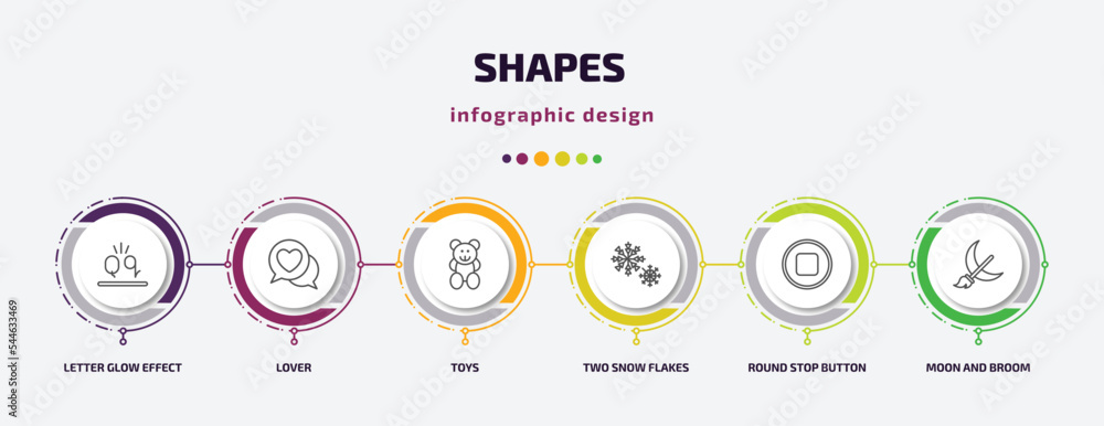 Poster shapes infographic template with icons and 6 step or option. shapes icons such as letter glow effect