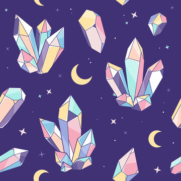 Crystals, gems,stars and moon seamless pattern, boho background, mystery, night, magic illustration