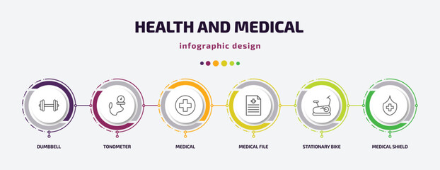 health and medical infographic template with icons and 6 step or option. health and medical icons such as dumbbell, tonometer, medical, file, stationary bike, shield vector. can be used for banner,