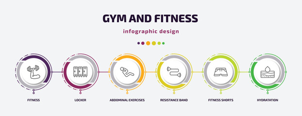 gym and fitness infographic template with icons and 6 step or option. gym and fitness icons such as fitness, locker, abdominal exercises, resistance band, shorts, hydratation vector. can be used for