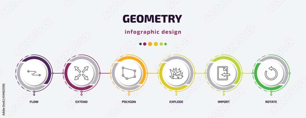 Poster geometry infographic template with icons and 6 step or option. geometry icons such as flow, extend, 