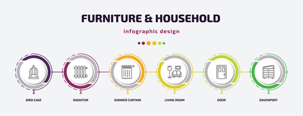 furniture & household infographic template with icons and 6 step or option. furniture & household icons such as bird cage, radiator, shower curtain, living room, door, davenport vector. can be used