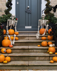 Halloween decorations of traditional english house. Carved pumpkins and skeletons on the doorstep.