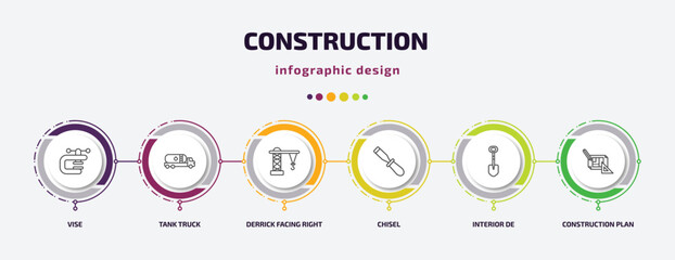 construction infographic template with icons and 6 step or option. construction icons such as vise, tank truck, derrick facing right, chisel, interior de, construction plan vector. can be used for