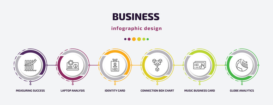 business infographic template with icons and 6 step or option. business icons such as measuring success, laptop analysis, identity card, connection box chart, music business card, globe analytics