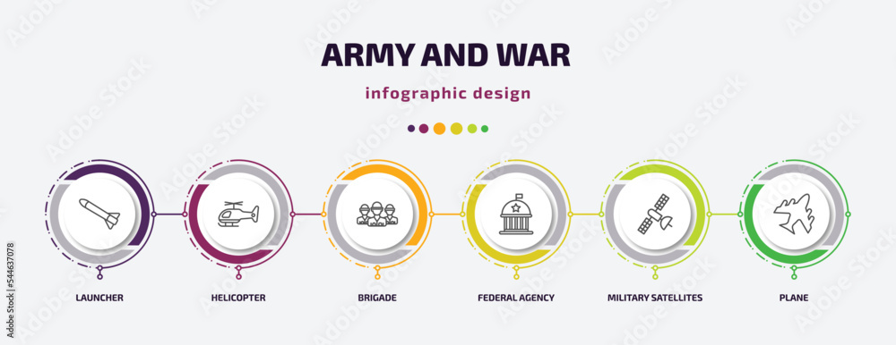 Poster army and war infographic template with icons and 6 step or option. army and war icons such as launch