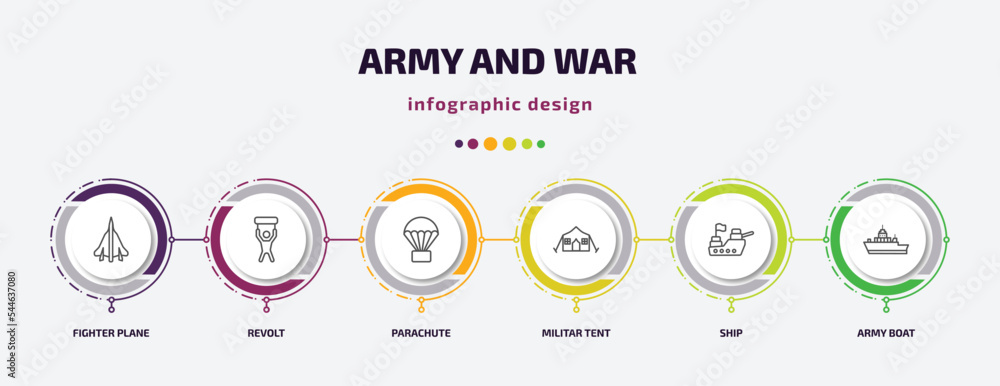 Poster army and war infographic template with icons and 6 step or option. army and war icons such as fighte
