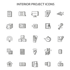 Interior project vector icons set, interior design stages, interior bureau services