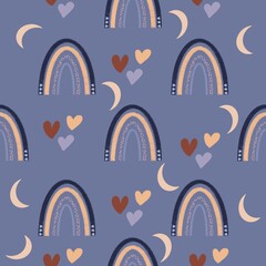 Boho rainbow seamless pattern. Boho with heart and crescent moon isolated on white background.